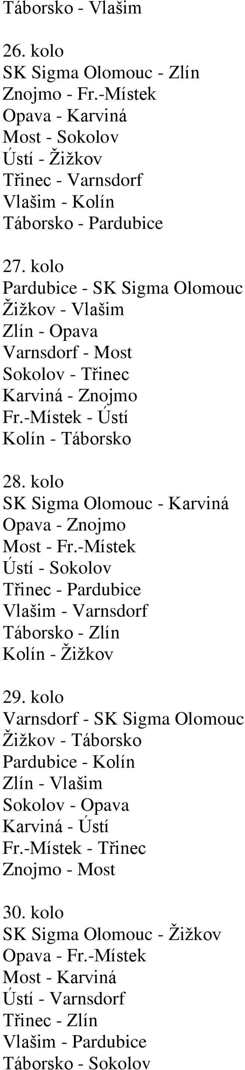 kolo SK Sigma Olomouc - Karviná Opava - Znojmo Most - Fr.-Místek Ústí - Sokolov Třinec - Pardubice Vlašim - Varnsdorf Táborsko - Zlín Kolín - Žižkov 29.