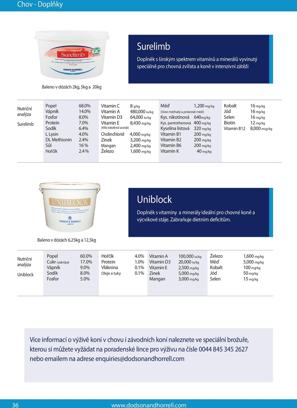 4 % Vitamin C 8 g/kg Vitamin A 480,000 iu/kg Vitamin D3 64,000 iu/kg Vitamin E 8,430 mg/kg (Alfa tokoferol acetát) Cholinchlorid 4,000 mg/kg Zinek 3,200 mg/kg Mangan 2,400 mg/kg Železo 1,600 mg/kg