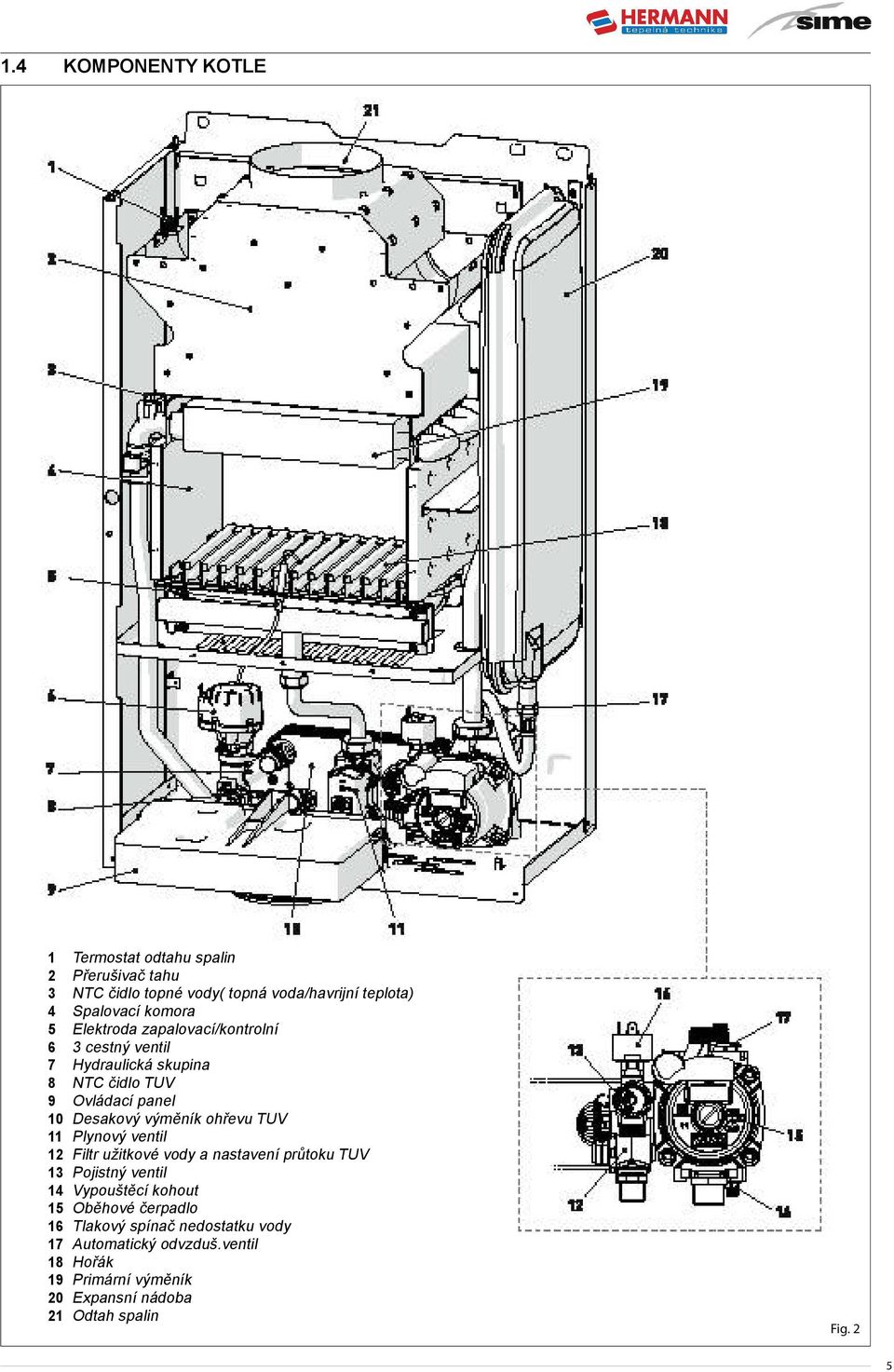 ohřevu TUV 11 Plynový ventil 12 Filtr užitkové vody a nastavení průtoku TUV 13 Pojistný ventil 14 Vypouštěcí kohout 15 Oběhové