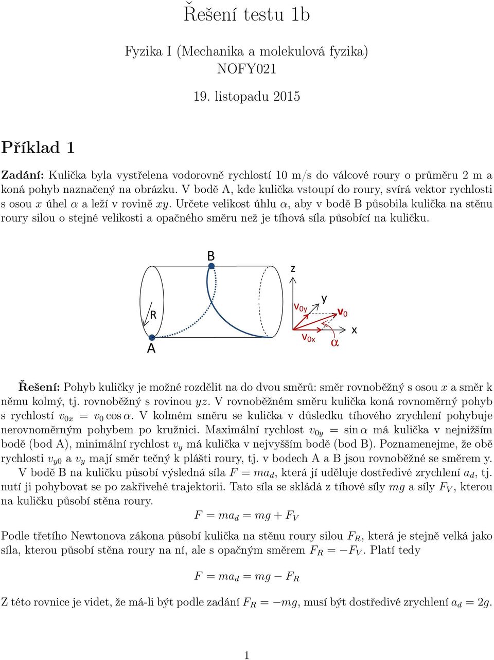 V bodě A, kde kulička vstoupí do roury, svírá vektor rychlosti s osou x úhel α a leží v rovině xy.