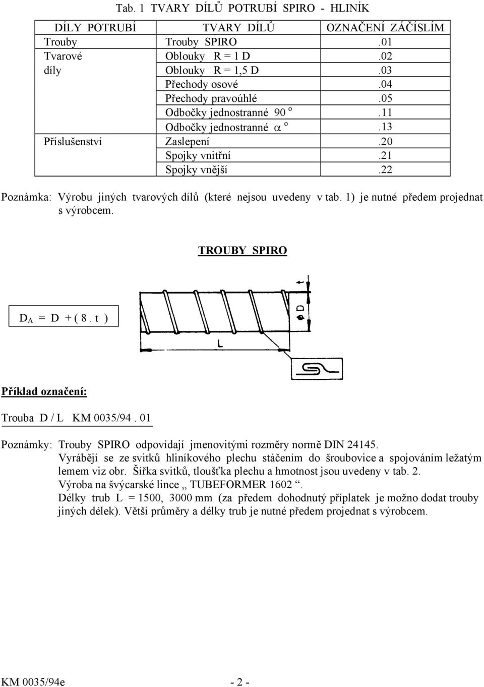 1) je nutné předem projednat s výrobcem. TROUBY SPIRO D A = D + ( 8. t ) Trouba D / L KM 0035/94. 01 Poznámky: Trouby SPIRO odpovídají jmenovitými rozměry normě DIN 24145.