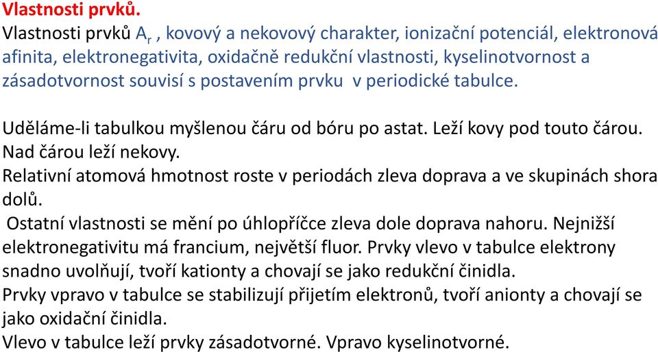 prvku v periodické tabulce. Uděláme-li tabulkou myšlenou čáru od bóru po astat. Leží kovy pod touto čárou. Nad čárou leží nekovy.