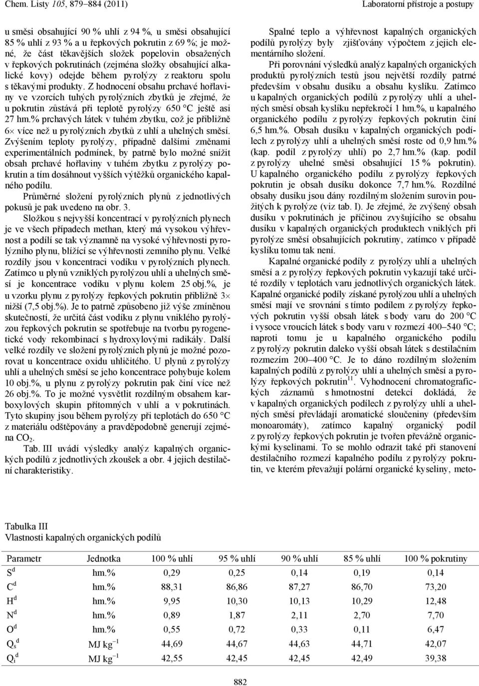 Z honocení obsahu prchavé hořlaviny ve vzorcích tuhých pyrolýzních zbytků je zřejmé, že u pokrutin zůstává při teplotě pyrolýzy 650 C ještě asi 27 hm.