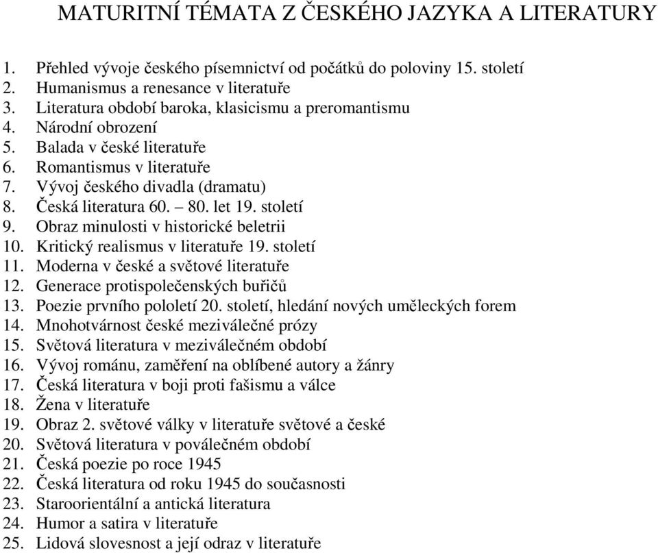 století 9. Obraz minulosti v historické beletrii 10. Kritický realismus v literatuře 19. století 11. Moderna v české a světové literatuře 12. Generace protispolečenských buřičů 13.