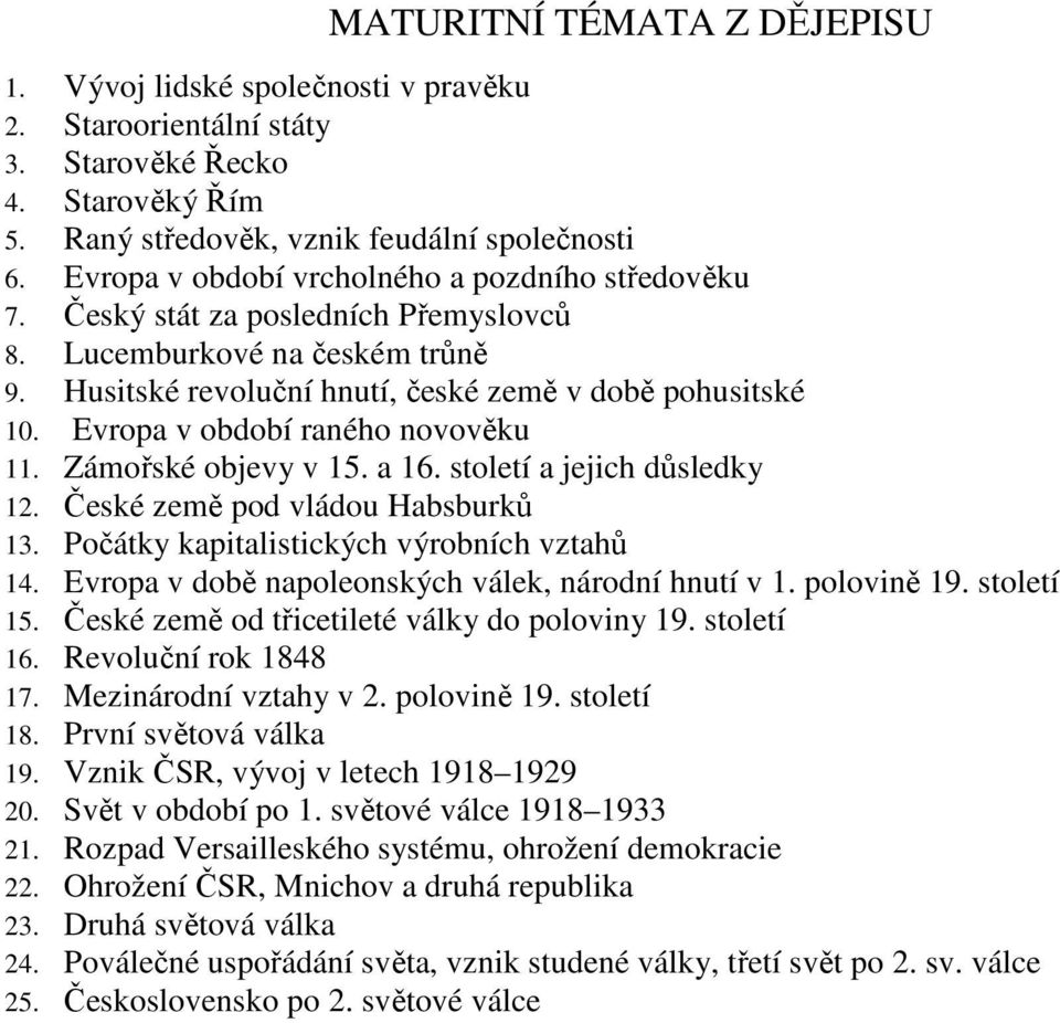 Evropa v období raného novověku 11. Zámořské objevy v 15. a 16. století a jejich důsledky 12. České země pod vládou Habsburků 13. Počátky kapitalistických výrobních vztahů 14.