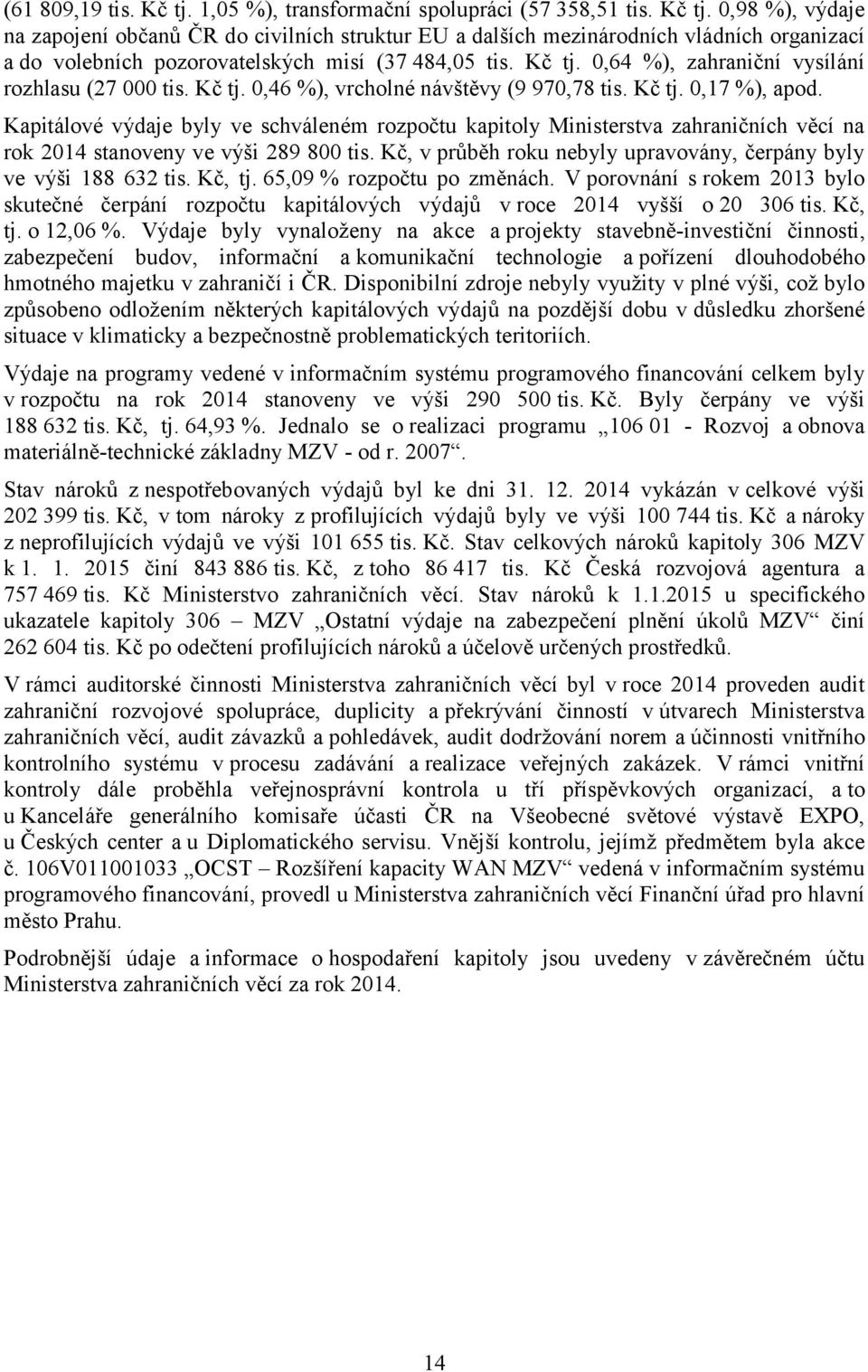 Kapitálové výdaje byly ve schváleném rozpočtu kapitoly Ministerstva zahraničních věcí na rok 2014 stanoveny ve výši 289 800 tis. Kč, v průběh roku nebyly upravovány, čerpány byly ve výši 188 632 tis.