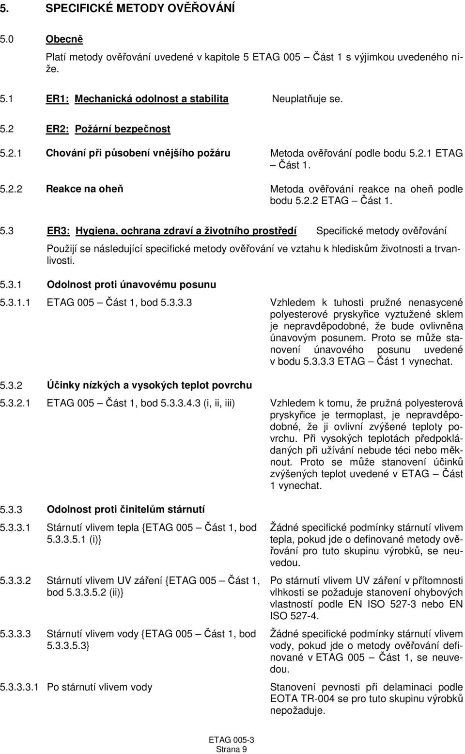 2.1 ETAG Část 1. 5.2.2 Reakce na oheň Metoda ověřování reakce na oheň podle bodu 5.2.2 ETAG Část 1. 5.3 ER3: Hygiena, ochrana zdraví a životního prostředí Specifické metody ověřování Použijí se následující specifické metody ověřování ve vztahu k hlediskům životnosti a trvanlivosti.