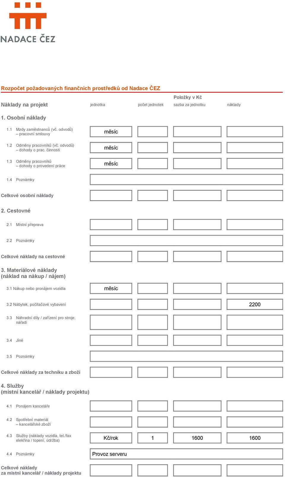 1 Místní přeprava 2.2 Poznámky Celkové náklady na cestovné 3. Materiálové náklady (náklad na nákup / nájem) 3.1 Nákup nebo pronájem vozidla měsíc 3.2 Nábytek, počítačové vybavení 2200 3.