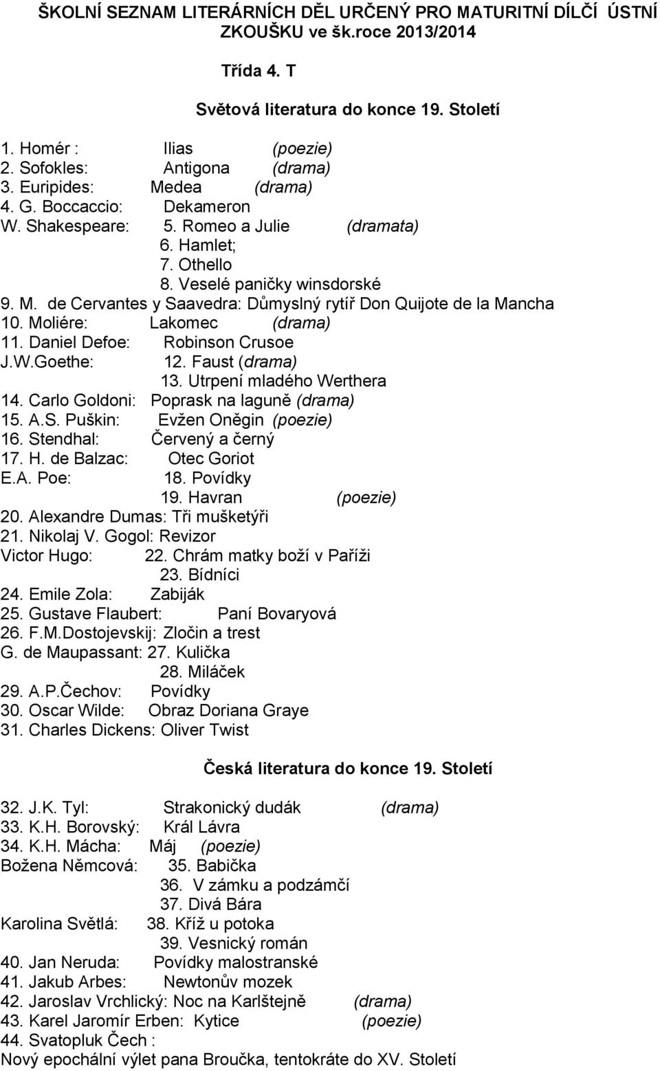 Moliére: Lakomec (drama) 11. Daniel Defoe: Robinson Crusoe J.W.Goethe: 12. Faust (drama) 13. Utrpení mladého Werthera 14. Carlo Goldoni: Poprask na laguně (drama) 15. A.S.