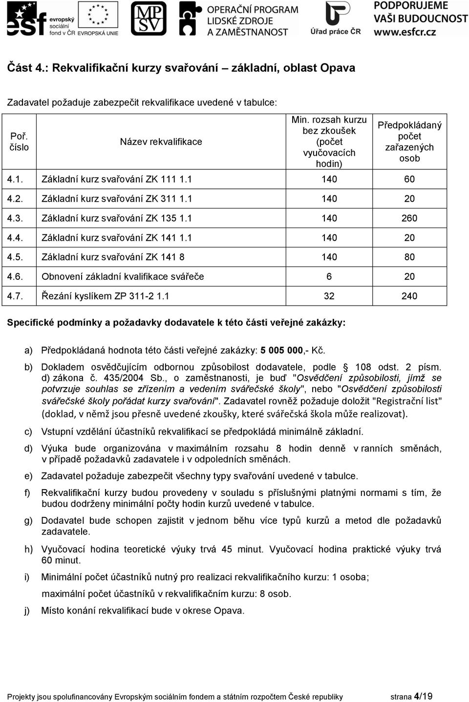 1 32 240 a) Předpokládaná hodnota této části veřejné zakázky: 5 005 000,- Kč. b) Dokladem osvědčujícím odbornou způsobilost dodavatele, podle 108 odst. 2 písm. d) zákona č. 435/2004 Sb.