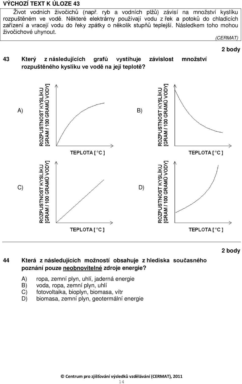 (CERMT) 43 Který z následujících grafů vystihuje závislost množství rozpuštěného kyslíku ve vodě na její teplotě?