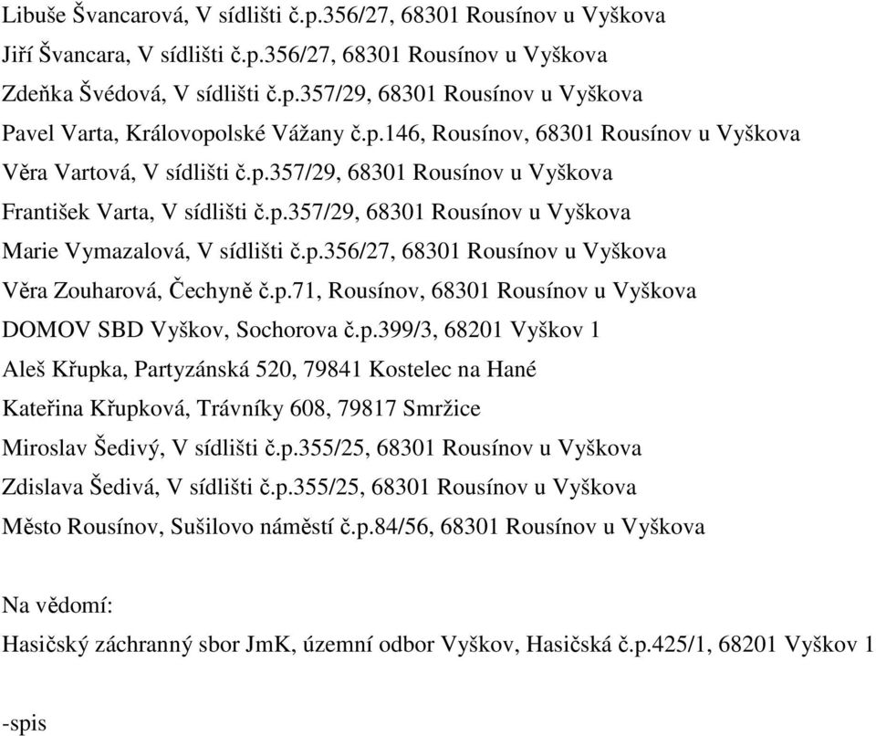 p.356/27, 68301 Rousínov u Vyškova Věra Zouharová, Čechyně č.p.71, Rousínov, 68301 Rousínov u Vyškova DOMOV SBD Vyškov, Sochorova č.p.399/3, 68201 Vyškov 1 Aleš Křupka, Partyzánská 520, 79841 Kostelec na Hané Kateřina Křupková, Trávníky 608, 79817 Smržice Miroslav Šedivý, V sídlišti č.