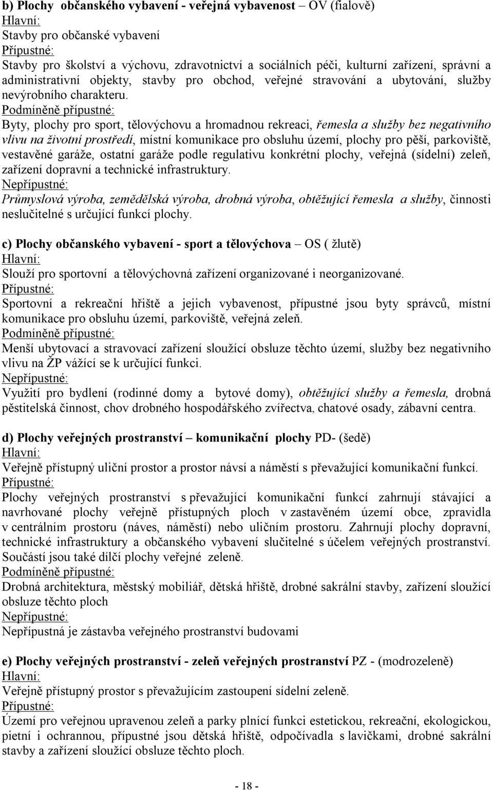 Podmíněně přípustné: Byty, plochy pro sport, tělovýchovu a hromadnou rekreaci, řemesla a služby bez negativního vlivu na životní prostředí, místní komunikace pro obsluhu území, plochy pro pěší,