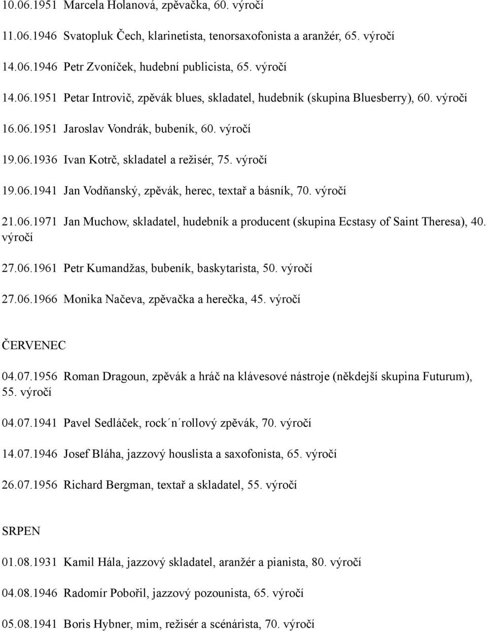 27.06.1961 Petr Kumandžas, bubeník, baskytarista, 50. 27.06.1966 Monika Načeva, zpěvačka a herečka, 45. ČERVENEC 04.07.