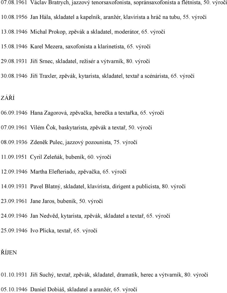 ZÁŘÍ 06.09.1946 Hana Zagorová, zpěvačka, herečka a textařka, 65. 07.09.1961 Vilém Čok, baskytarista, zpěvák a textař, 50. 08.09.1936 Zdeněk Pulec, jazzový pozounista, 75. 11.09.1951 Cyril Zeleňák, bubeník, 60.