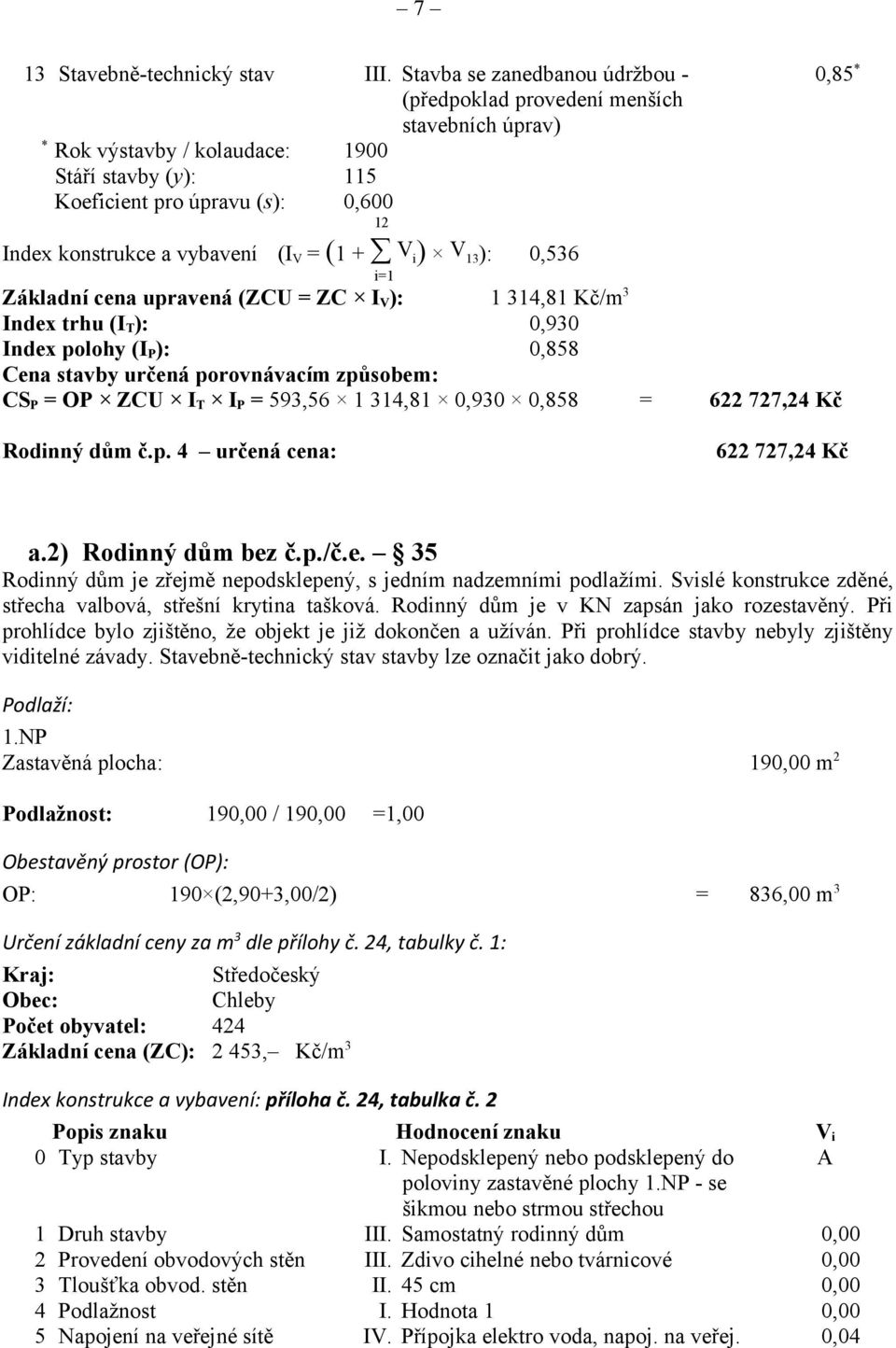 (I V = (1 + V i ) V 13 ): 0,536 i=1 Základní cena upravená (ZCU = ZC I V ): 1 314,81 Kč/m 3 Index trhu (I T ): 0,930 Index polohy (I P ): 0,858 Cena stavby určená porovnávacím způsobem: CS P = OP ZCU