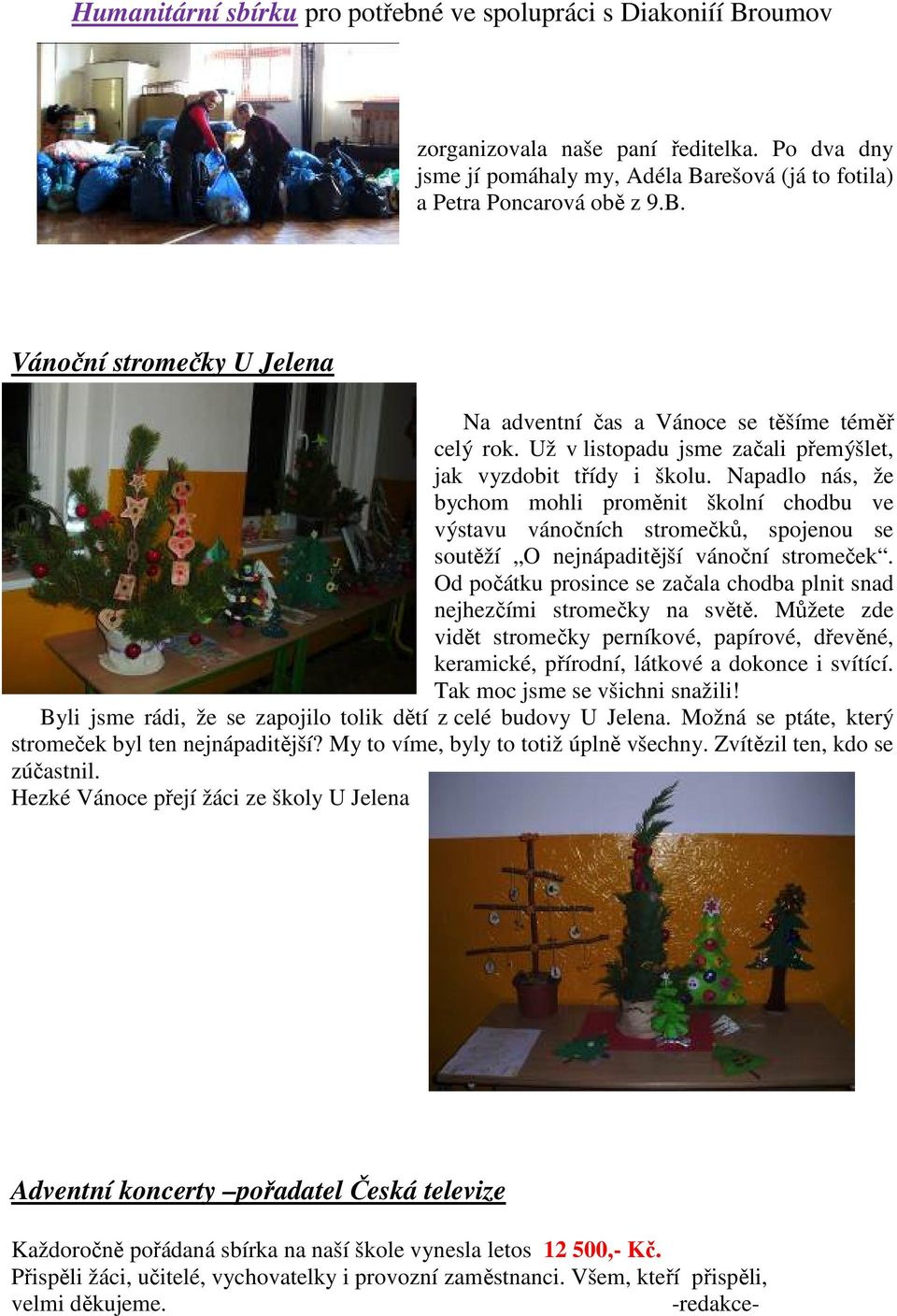 Napadlo nás, že bychom mohli proměnit školní chodbu ve výstavu vánočních stromečků, spojenou se soutěží O nejnápaditější vánoční stromeček.