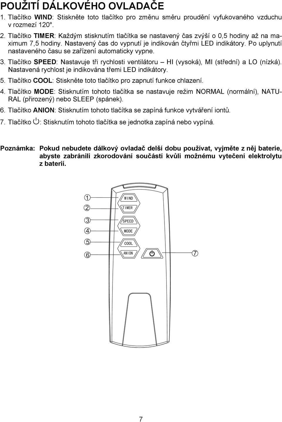 Po uplynutí nastaveného času se zařízení automaticky vypne. 3. Tlačítko SPEED: Nastavuje tři rychlosti ventilátoru HI (vysoká), MI (střední) a LO (nízká).