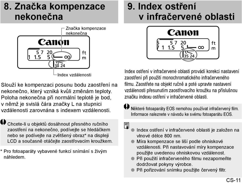 Poloha nekonečna při normální teplotě je bod, v němž je svislá čára značky L na stupnici vzdálenosti zarovnána s indexem vzdálenosti.