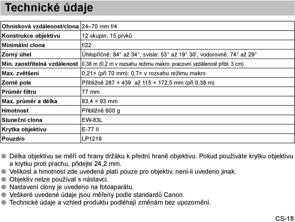 zvětšení 0,21 (při 70 mm); 0,7 v rozsahu režimu makro Zorné pole Přibližně 287 439 až 115 172,5 mm (při 0,38 m) Průměr filtru Max.