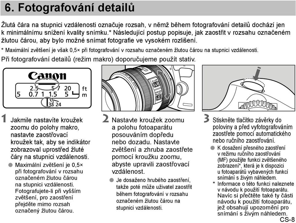 * Maximální zvětšení je však 0,5 při fotografování v rozsahu označeném žlutou čárou na stupnici vzdálenosti. Při fotografování detailů (režim makro) doporučujeme použít stativ.