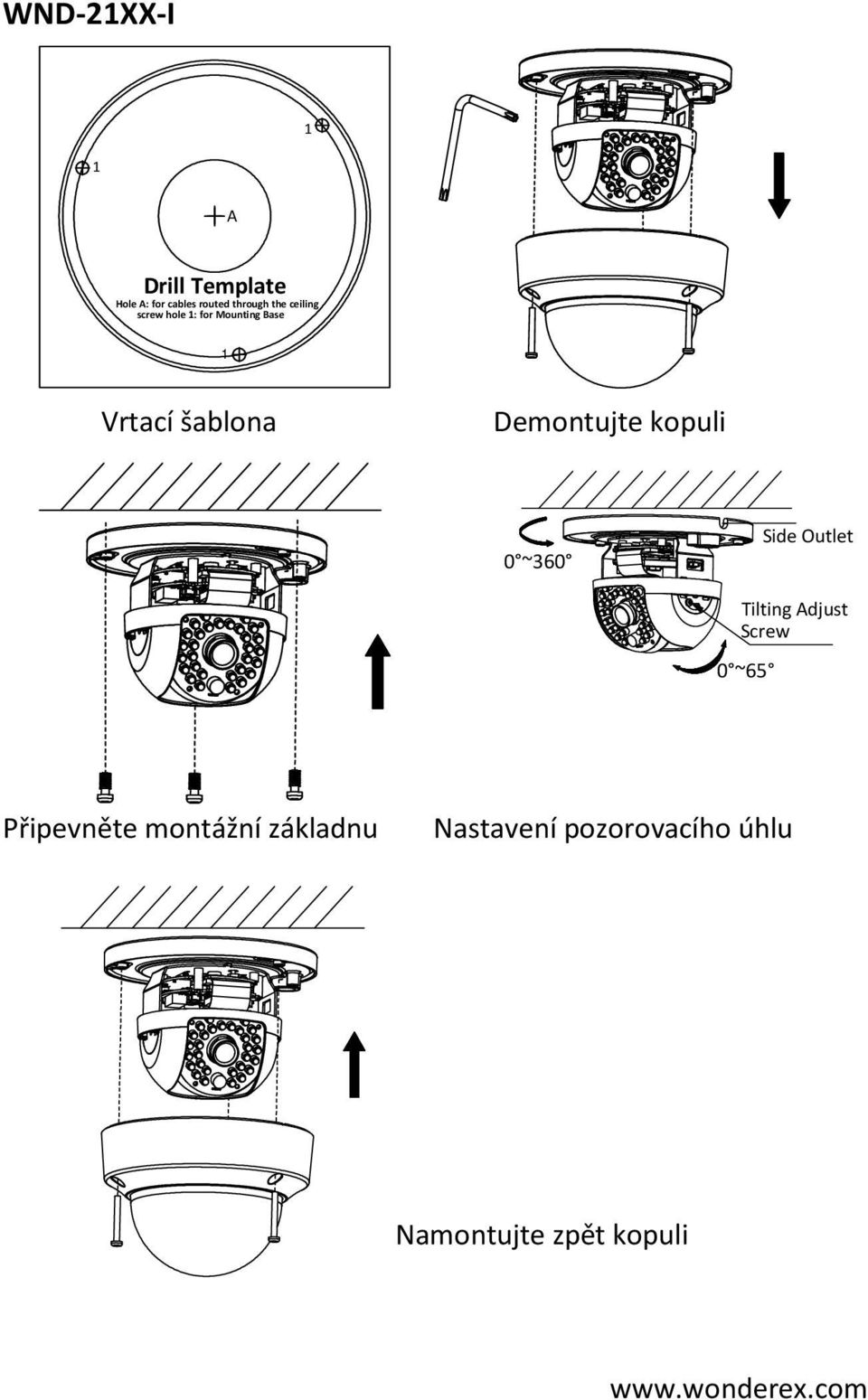 kopuli 0 ~360 Side Outlet Tilting Adjust Screw 0 ~65 Připevněte