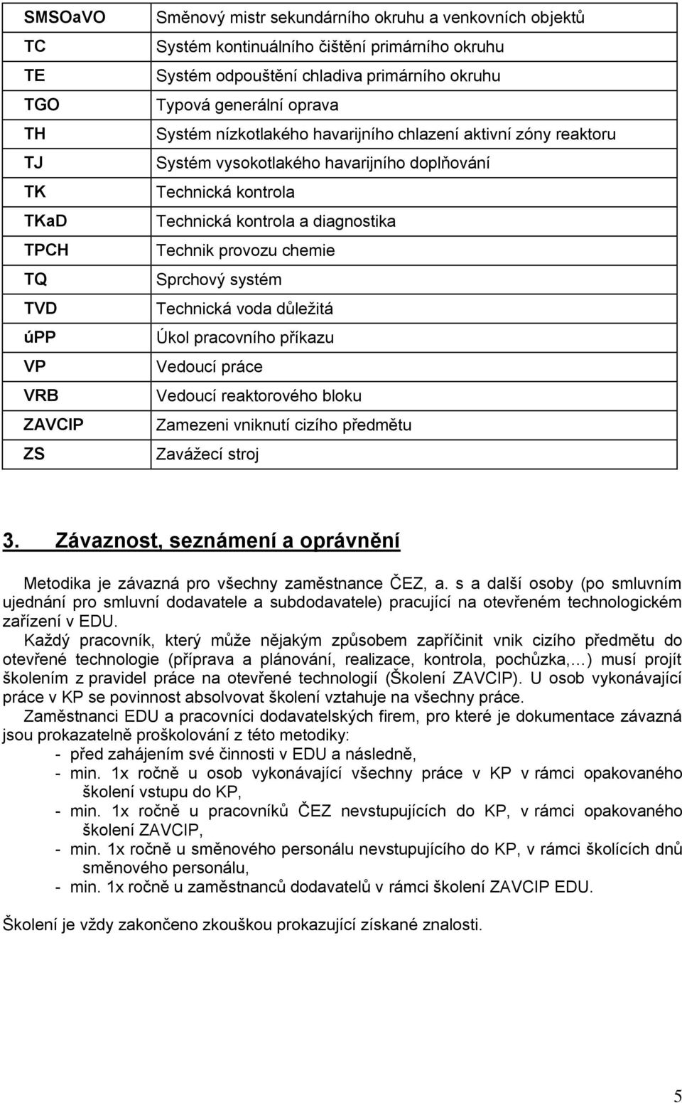 diagnostika Technik provozu chemie Sprchový systém Technická voda důležitá Úkol pracovního příkazu Vedoucí práce Vedoucí reaktorového bloku Zamezeni vniknutí cizího předmětu Zavážecí stroj 3.
