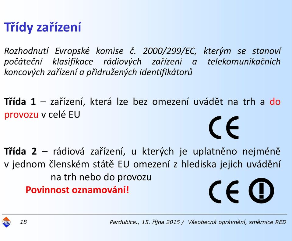 přidružených identifikátorů Třída 1 zařízení, která lze bez omezení uvádět na trh a do provozu v celé EU Třída 2 rádiová