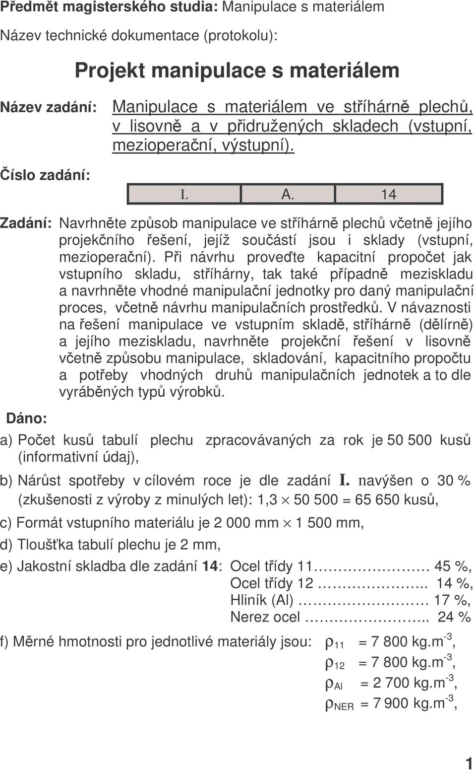 14 Zadání: Navrhnte zpsob manipulace ve stíhárn plech vetn jejího projekního ešení, jejíž souástí jsou i sklady (vstupní, mezioperaní).