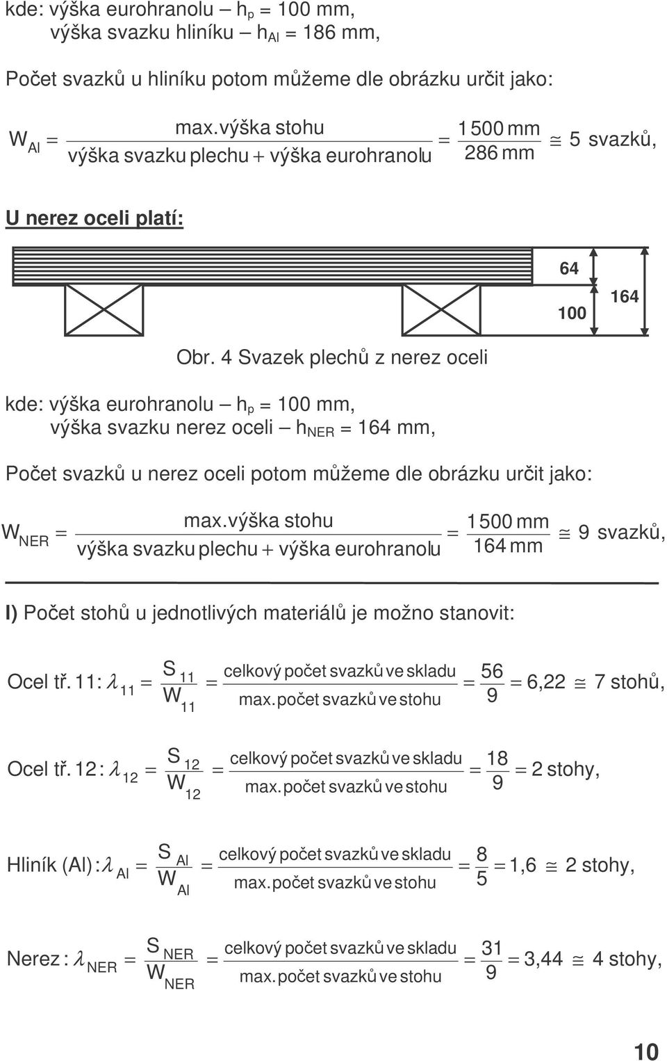 4 Svazek plech z nerez oceli kde: výška eurohranolu h p 100 mm, výška svazku nerez oceli h 164 mm, Poet svazk u nerez oceli potom mžeme dle obrázku urit jako: W max.