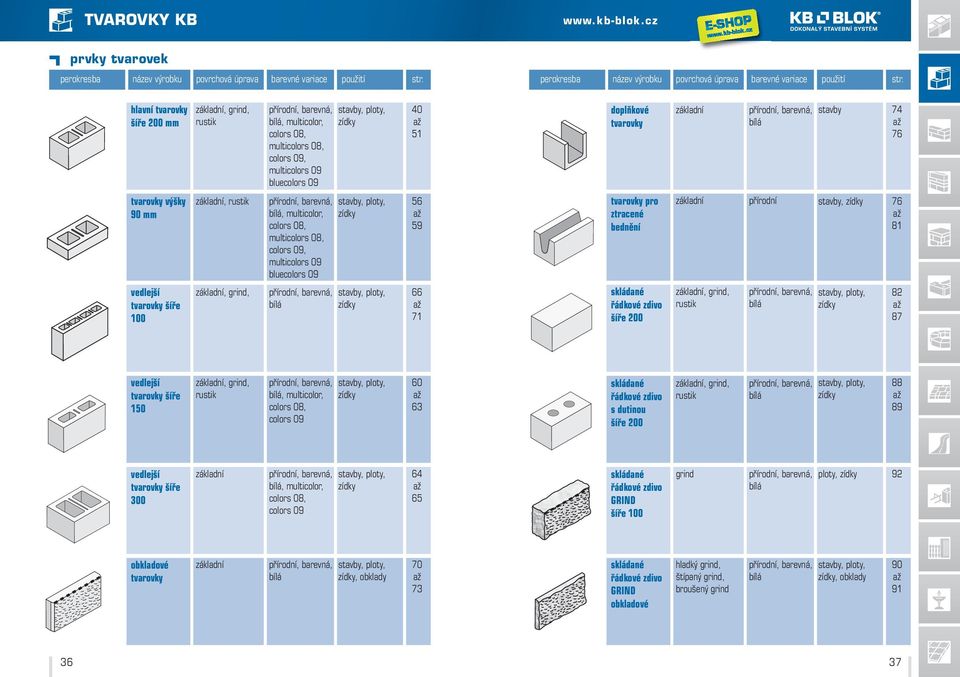 hlavní tvarovky šíře 200 mm základní, grind, rustik bílá, multicolor, colors 08, multicolors 08, colors 09, multicolors 09 stavby, ploty, zídky 40 až 51 doplňkové tvarovky základní bílá stavby 74 až