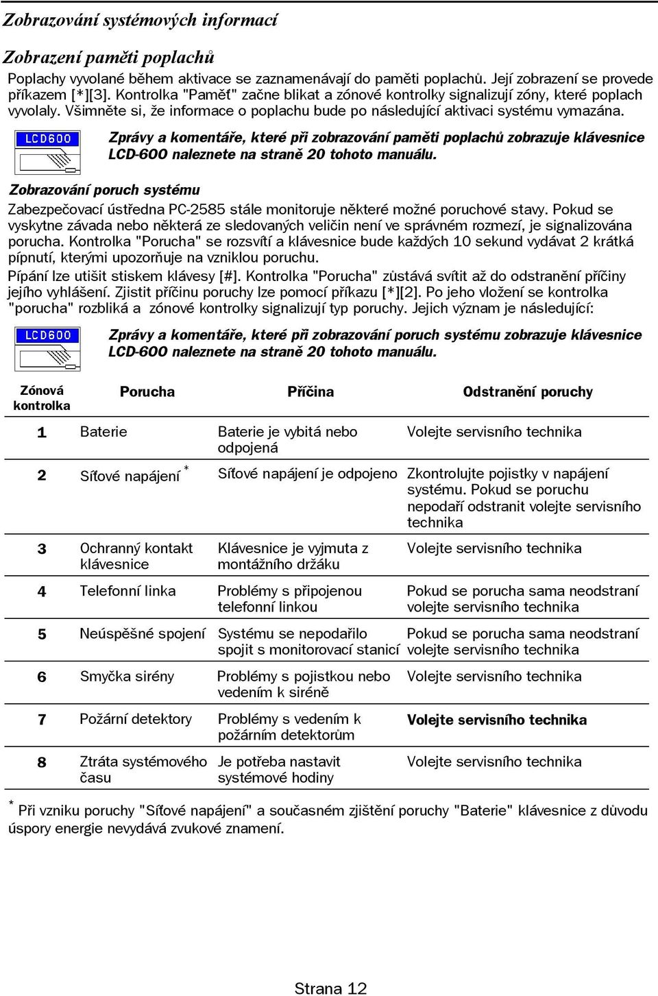 Zprávy a komentáøe, které pøi zobrazování pamìti poplachù zobrazuje klávesnice LCD-6OO naleznete na stranì 20 tohoto manuálu.