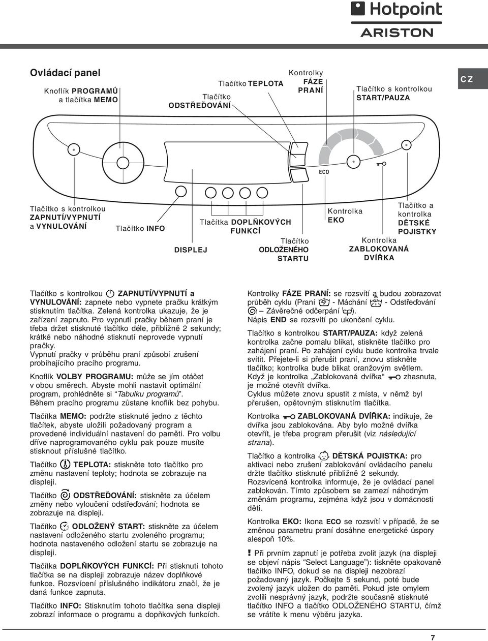 ZAPNUTÍ/VYPNUTÍ a VYNULOVÁNÍ: zapnete nebo vypnete pračku krátkým stisknutím tlačítka. Zelená kontrolka ukazuje, že je zařízení zapnuto.