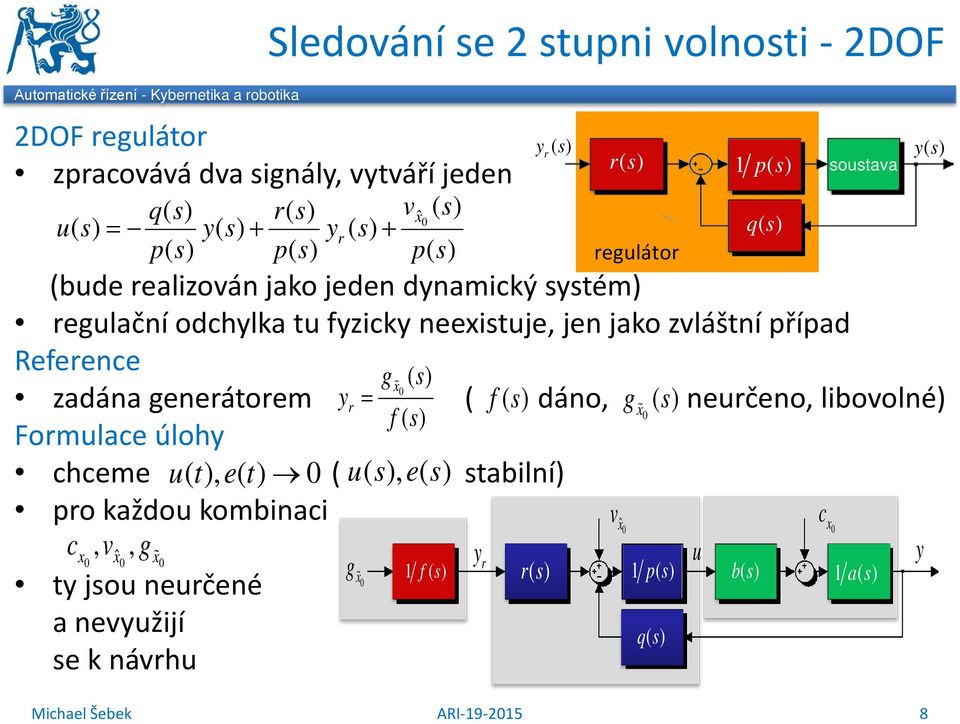 ( f() s dáno, g neurčeno, libovolné) f() s () x s Formulace úlohy chceme ut (), et () ( us (),() es stabilní) pro každou kombinaci cx, v xˆ, g x ty jsou