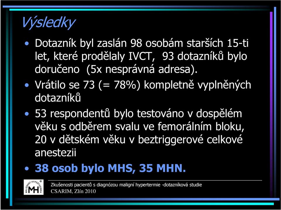 Vrátilo se 73 (= 78%) kompletně vyplněných dotazníků 53 respondentů bylo testováno v