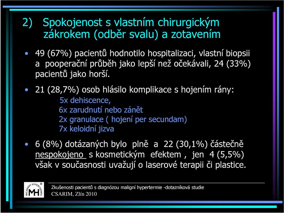 21 (28,7%) osob hlásilo komplikace s hojením rány: 5x dehiscence, 6x zarudnutí nebo zánět 2x granulace ( hojení per secundam)