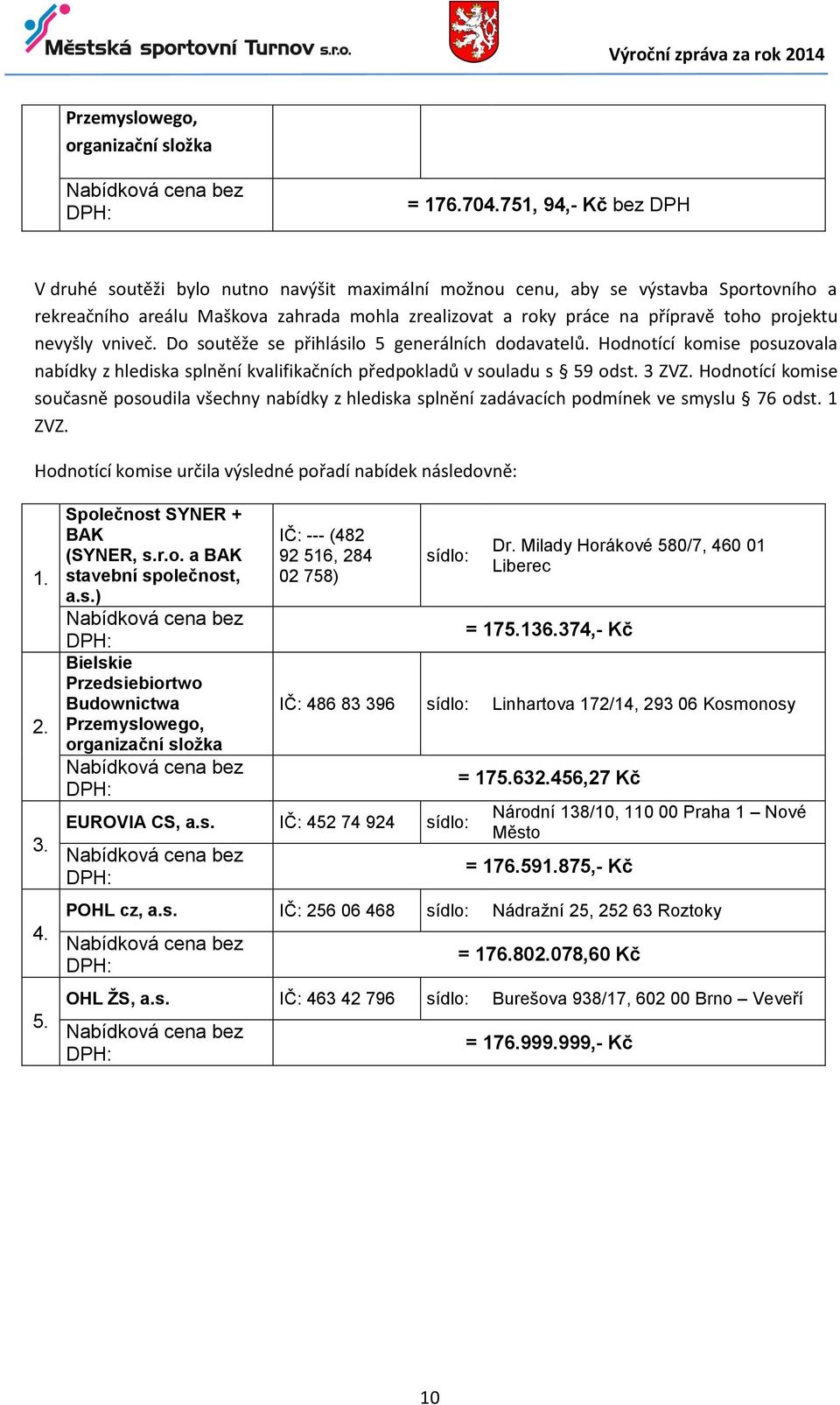 projektu nevyšly vniveč. Do soutěže se přihlásilo 5 generálních dodavatelů. Hodnotící komise posuzovala nabídky z hlediska splnění kvalifikačních předpokladů v souladu s 59 odst. 3 ZVZ.