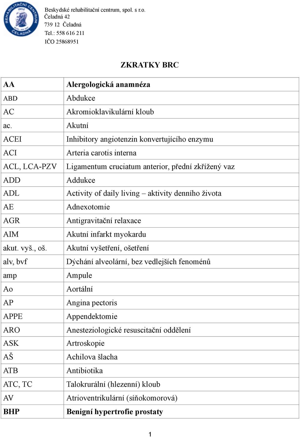 interna Ligamentum cruciatum anterior, přední zkřížený vaz Addukce Activity of daily living aktivity denního života Adnexotomie Antigravitační relaxace Akutní infarkt myokardu