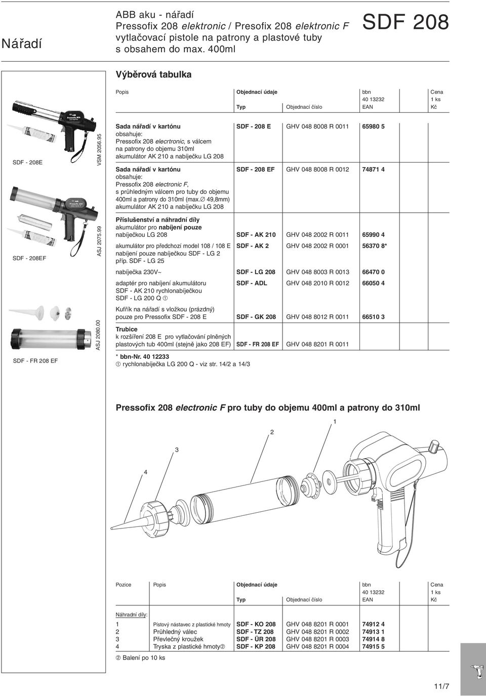 00 Sada nářadí v kartónu SDF - 208 E GHV 048 8008 R 0011 65980 5 Pressofix 208 elecrtronic, s válcem na patrony do objemu 310ml akumulátor AK 210 a nabíječku LG 208 Sada nářadí v kartónu SDF - 208 EF