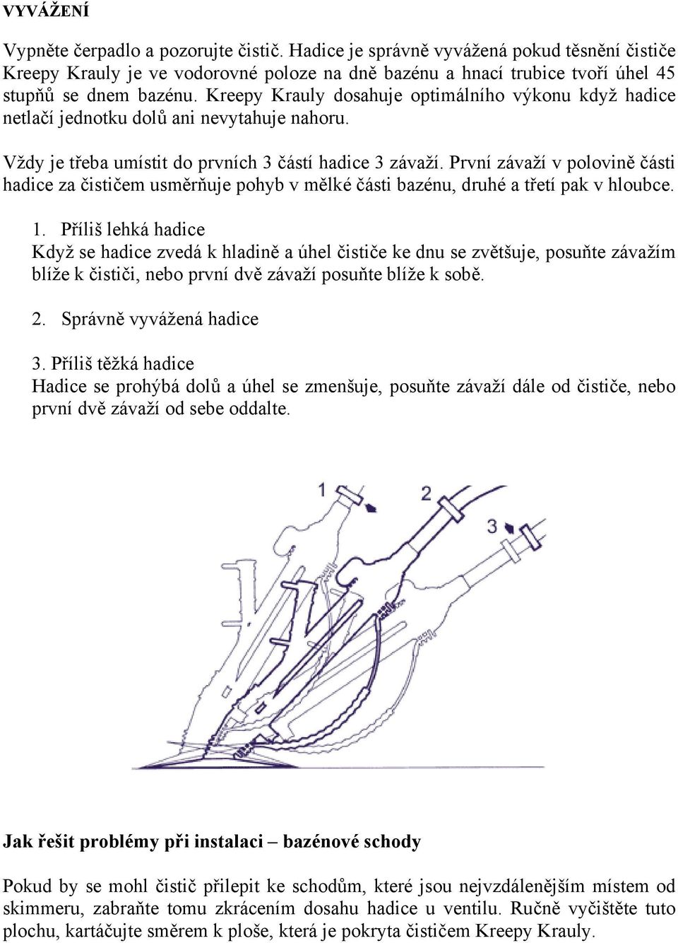 První závaží v polovině části hadice za čističem usměrňuje pohyb v mělké části bazénu, druhé a třetí pak v hloubce. 1.