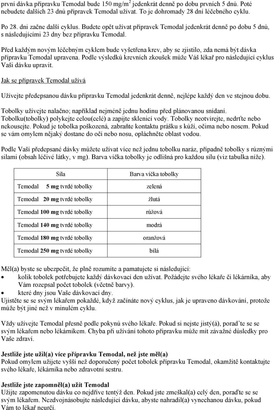 Před každým novým léčebným cyklem bude vyšetřena krev, aby se zjistilo, zda nemá být dávka přípravku Temodal upravena.