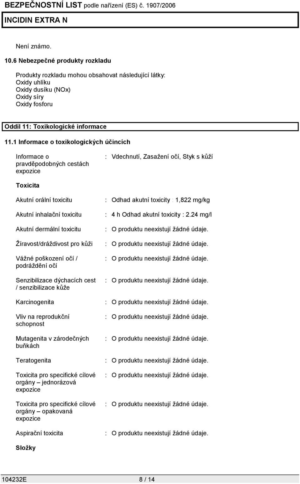 toxicitu Žíravost/dráždivost pro kůži Vážné poškození očí / podráždění očí Senzibilizace dýchacích cest / senzibilizace kůže Karcinogenita Vliv na reprodukční schopnost Mutagenita v zárodečných