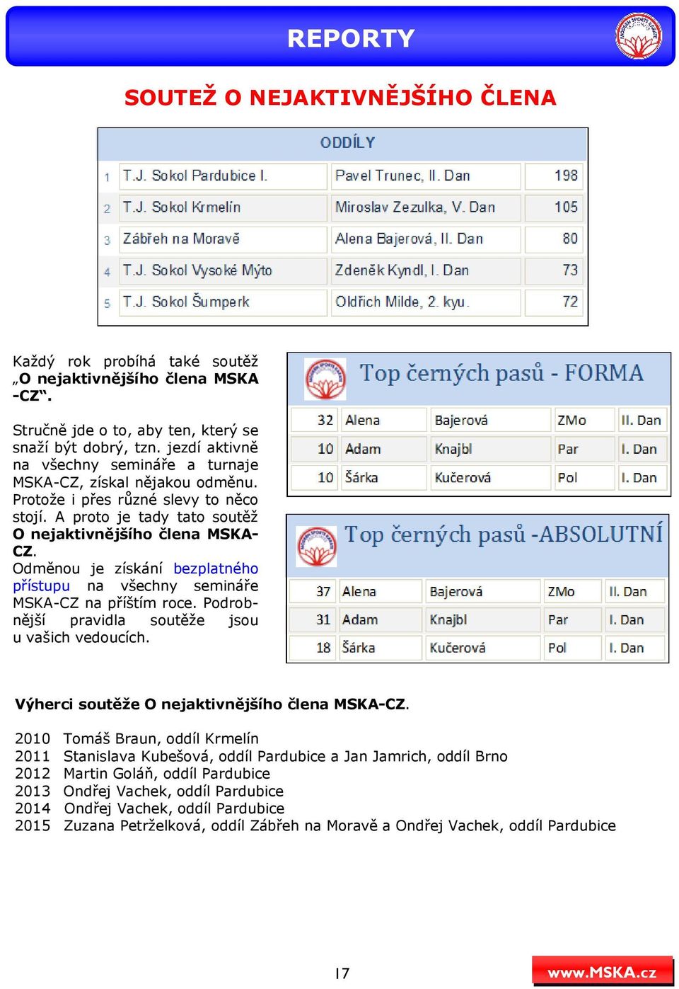 Odměnou je získání bezplatného přístupu na všechny semináře MSKA-CZ na příštím roce. Podrobnější pravidla soutěže jsou u vašich vedoucích. Výherci soutěže O nejaktivnějšího člena MSKA-CZ.