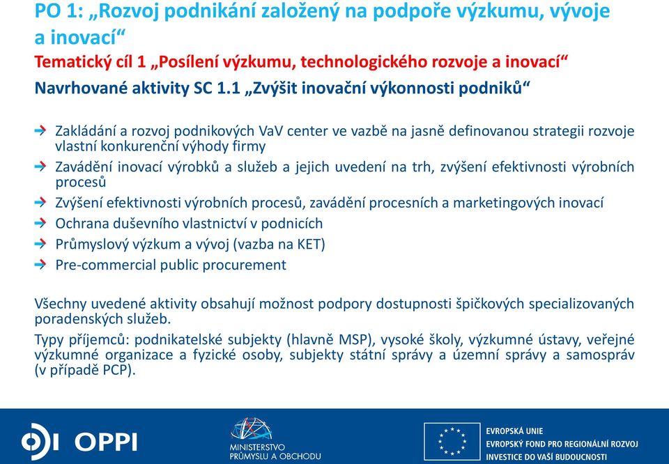 jejich uvedení na trh, zvýšení efektivnosti výrobních procesů Zvýšení efektivnosti výrobních procesů, zavádění procesních a marketingových inovací Ochrana duševního vlastnictví v podnicích Průmyslový