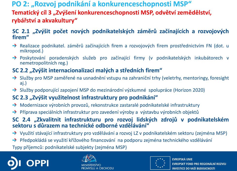 ) Poskytování poradenských služeb pro začínající firmy (v podnikatelských inkubátorech v nemetropolitních reg.) SC 2.