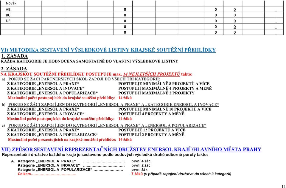 14 NEJLEPŠÍCH PROJEKTŮ takto: a) POKUD SE ŽÁCI PARTNERSKÝCH ŠKOL ZAPOJÍ DO VŠECH TŘÍ KATEGORIÍ: Z KATEGORIE ENERSOL A PRAXE POSTUPUJE MINIMÁLNĚ 8 PROJEKTŮ A VÍCE Z KATEGORIE ENERSOL A INOVACE