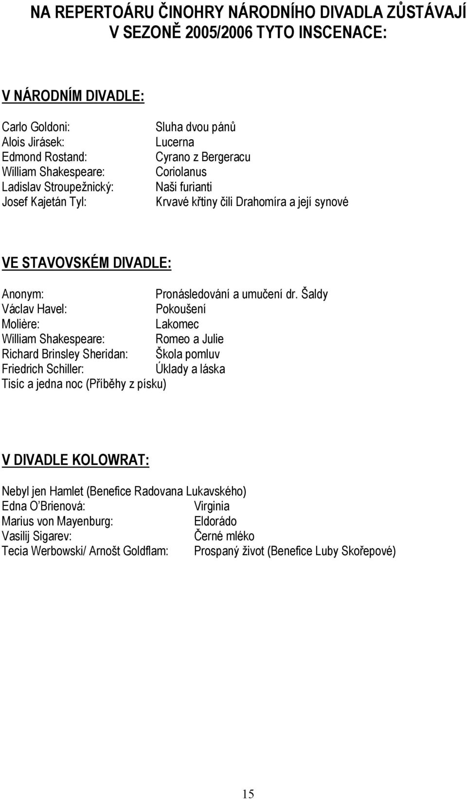 Šaldy Václav Havel: Pokoušení Molière: Lakomec William Shakespeare: Romeo a Julie Richard Brinsley Sheridan: Škola pomluv Friedrich Schiller: Úklady a láska Tisíc a jedna noc (Příběhy z písku) V