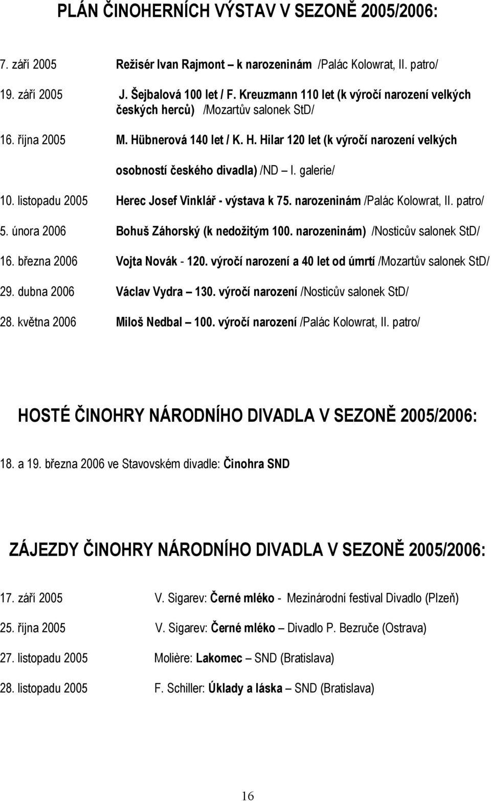 galerie/ 10. listopadu 2005 Herec Josef Vinklář - výstava k 75. narozeninám /Palác Kolowrat, II. patro/ 5. února 2006 Bohuš Záhorský (k nedožitým 100. narozeninám) /Nosticův salonek StD/ 16.