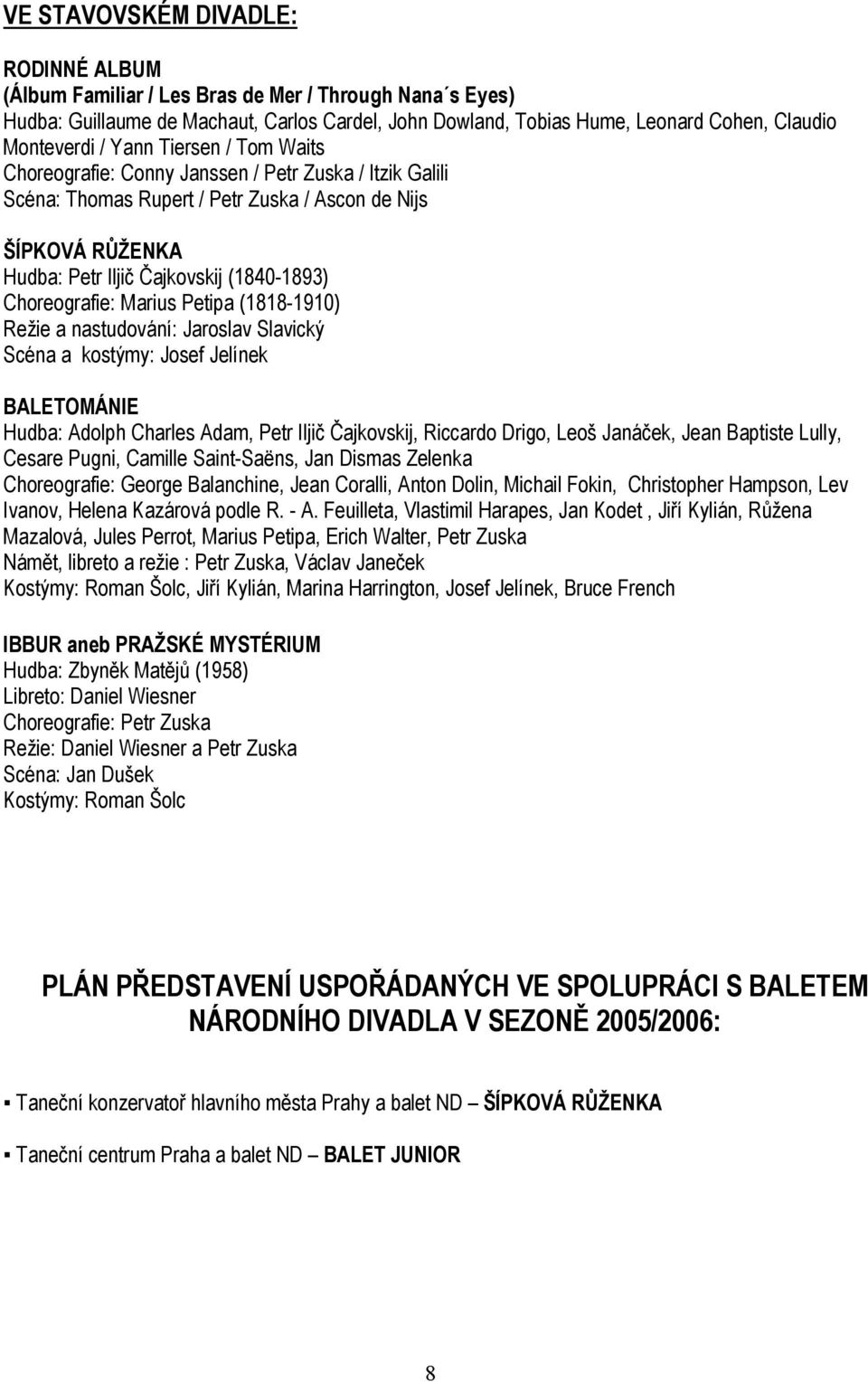 Choreografie: Marius Petipa (1818-1910) Režie a nastudování: Jaroslav Slavický Scéna a kostýmy: Josef Jelínek BALETOMÁNIE Hudba: Adolph Charles Adam, Petr Iljič Čajkovskij, Riccardo Drigo, Leoš