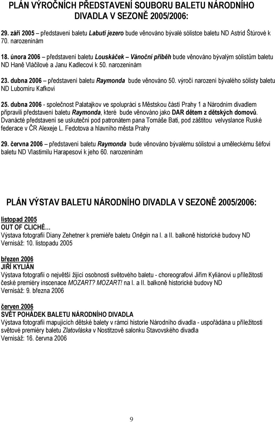 dubna 2006 představení baletu Raymonda bude věnováno 50. výročí narození bývalého sólisty baletu ND Lubomíru Kafkovi 25.